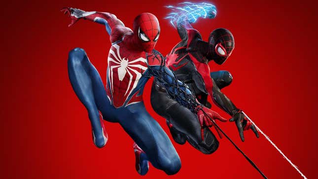 Peter Parker und Miles Morales Web Sling vor rotem Hintergrund. 